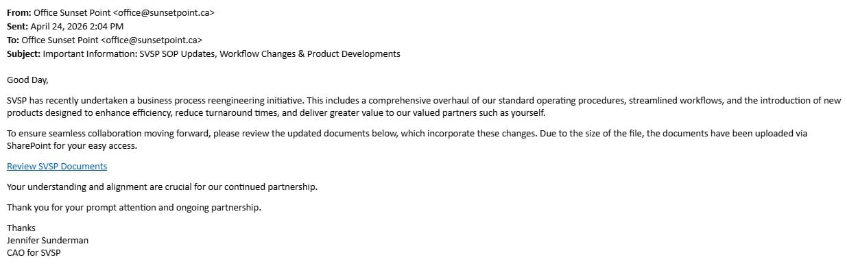 Example of phishing email sent from office@sunsetpoint.ca